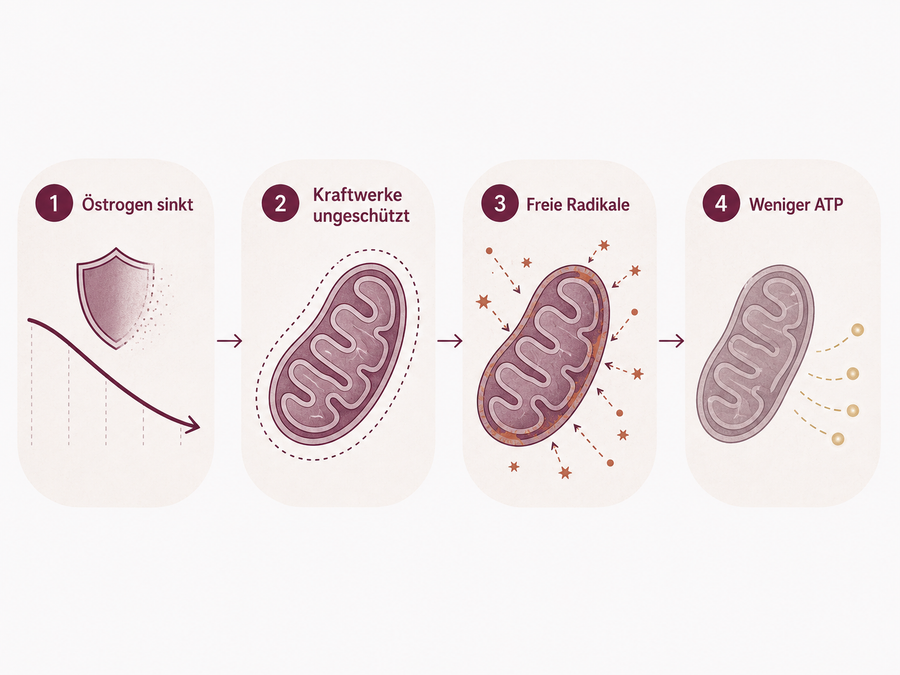 Mechanismus-Grafik in 4 Stufen: Mitochondrium intakt → freie Radikale → beschädigt → Sparmodus.